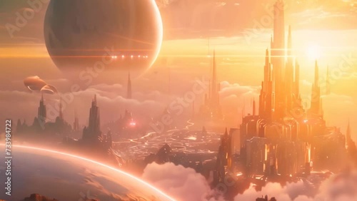 Alien city on an extraterrestrial planet, with futuristic buildings, satellites, and clouds at sunset. Science fiction cityscape animation photo