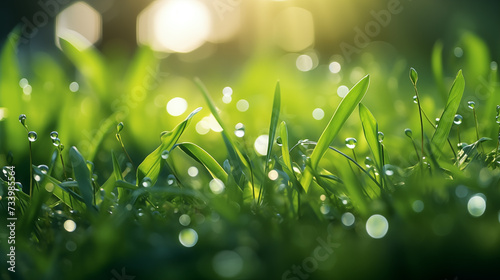 Green grass sparkles and dew lush foliage under the bright sun.