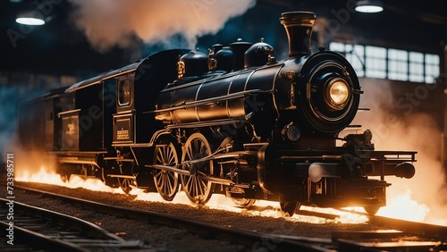 old locomotive in motion _A burning old-fashioned train on fire, burning, with a cool emblem on its front. The train is black 