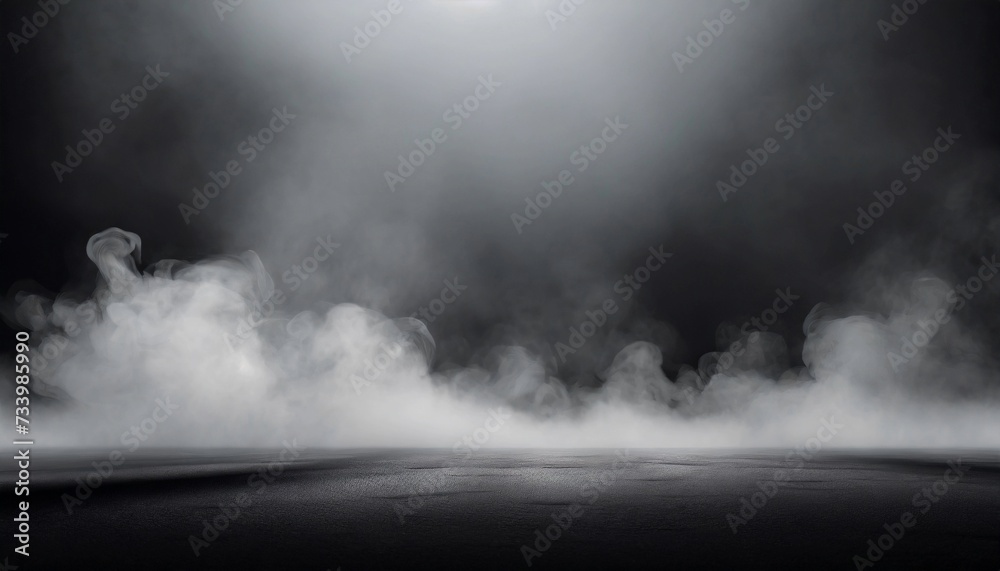 Fototapeta premium Dark empty street background, white smoke on the ground.