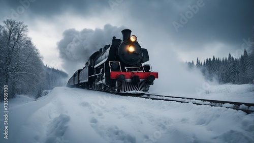steam train in the snow _A steam train on a dangerous and challenging day in the winter. The train is a brave and strong  