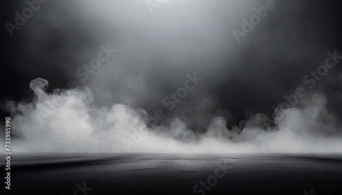 Dark empty street background, white smoke on the ground.