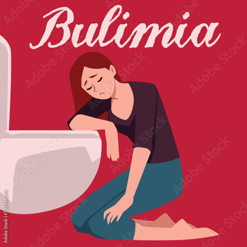 Bulimia disease vector poster, unhealthy woman vomiting in toilet, eating disorder, poisoning illness health problem