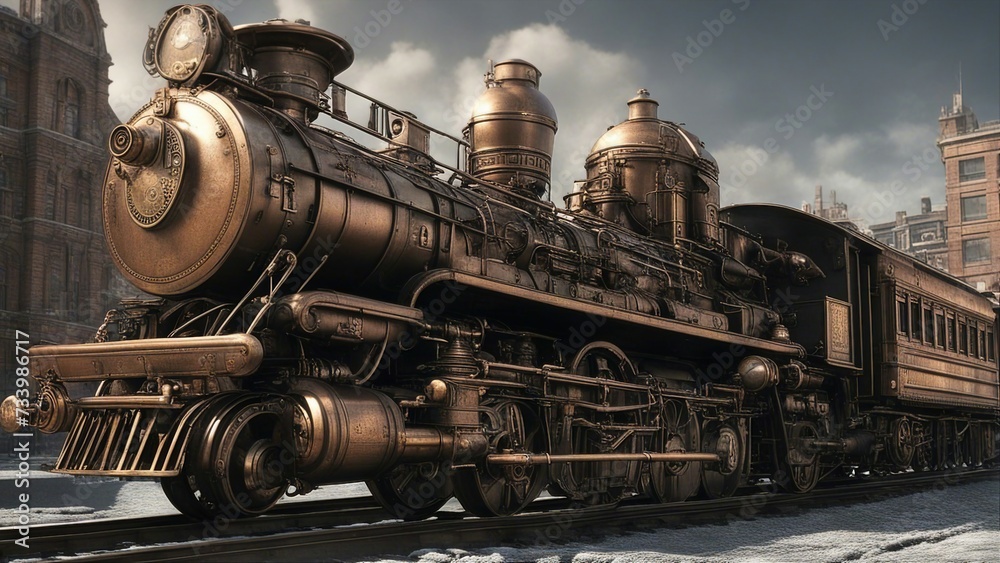 Naklejka premium old locomotive A steampunk train that protects the city and the people on a secure and hidden railway. 