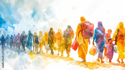 Abstract illustration of migrants moving with bags. photo