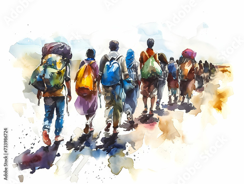 Watercolor of a group walking with backpacks.