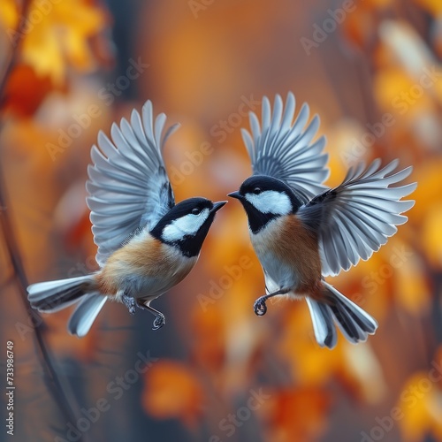 a couple of little birds chickadees flying toward spread its wings and feathers © haizah