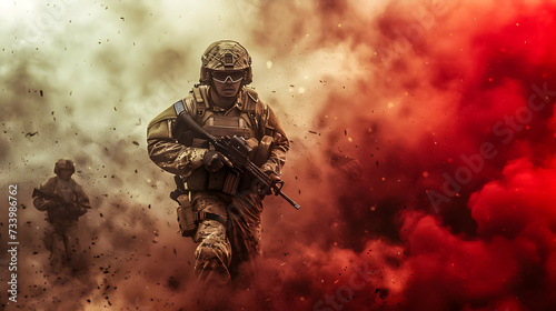Soldier in gear advancing through smoke and debris.