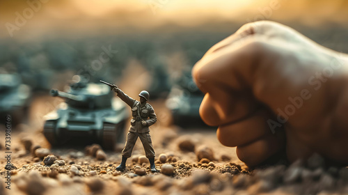 Miniature soldier and tanks with a looming human fist. photo