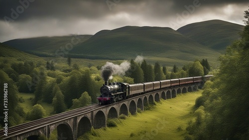 railway in the mountains _A steam train on a high viaduct in the Highlands. 