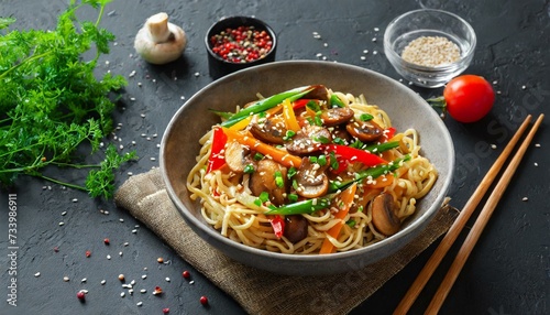 Fried noodles with vegetables, peppers, mushrooms, chives and sesame Asian cuisine