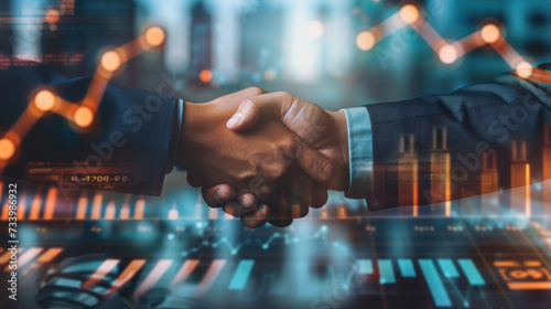 business man investor shaking hands with graph chart stock market diagram and city background, partnership, global network link connection, digital technology, internet communication, teamwork concept