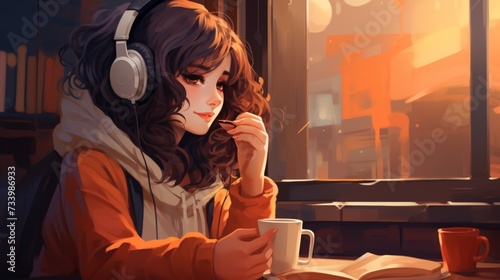 illustration for lofi social media channel , girl drink coffee