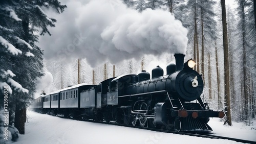 steam train in the forest _A steam train that expels white smoke as it cruises through a frosty forest. The train is black  photo