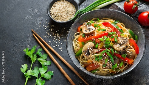 Fried noodles with vegetables, peppers, mushrooms, chives and sesame Asian cuisine © Visual Vibes