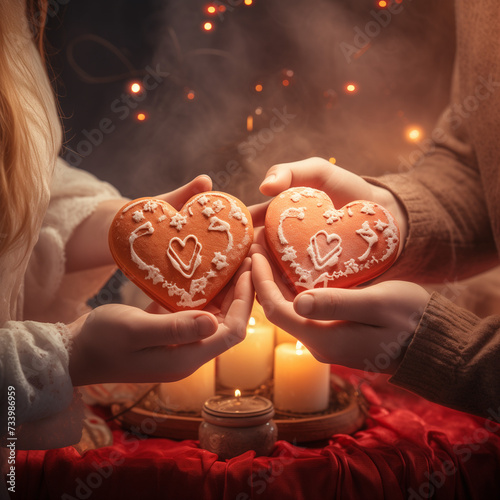 exchanging heart-shaped cookies, with a romantic soft-focus background