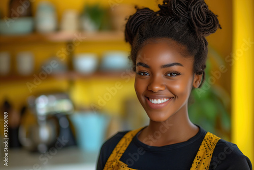 An African American woman housewife in a yellow apron smiles cheerfully at the camera while doing housework
