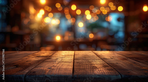 Advertising Agency. empty brown wooden floor or wood board table with blurred abstract night light bokeh at restaurant in city background, copy space for display of product or object presentation