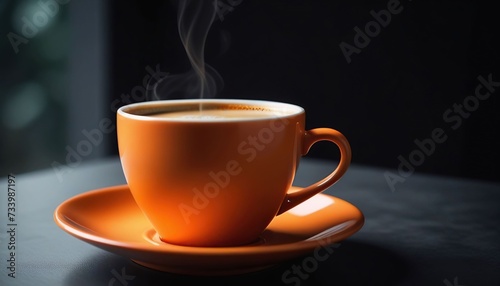 A coffee in a orange cup with a dark background
