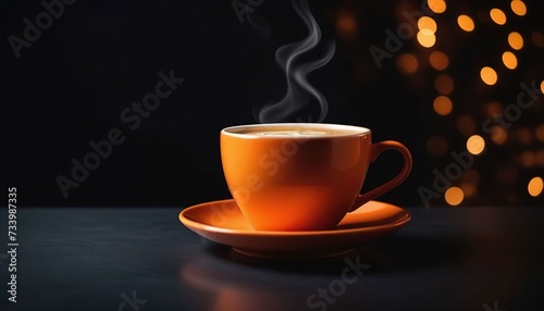A coffee in a orange cup with a dark background