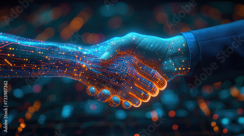 Artificial Intelligence. business man shaking hand with digital partner machine on abstract cyber technology background, network security, partnership, investor, partner, financial, connection concept photo