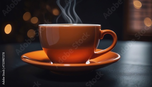 A coffee in a orange cup with a dark background