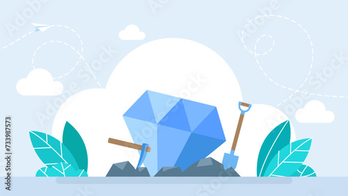 Blue diamond. Shovel and pickaxe with wooden handle for extraction diamonds. Pickaxe, shovel, mining tool, treasure hunting logo or emblem. Isolated on a white background. Vector illustration.