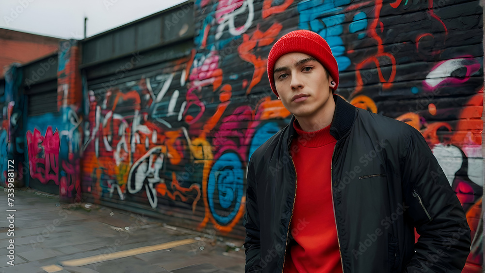 A fashionable young man in a red beanie and jacket stands confidently against a vibrant backdrop of urban street art and graffiti A fashionable young man in a red beanie and jacket stands confidently against a vibrant backdrop of urban street art and graffiti