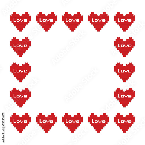 Decorative frame made of red hearts made of blocks on white background vector illustration