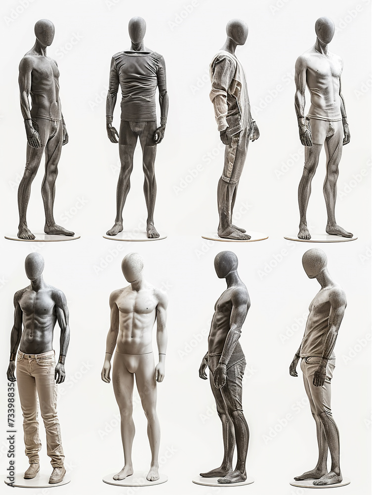 Fototapeta premium many full-length male mannequins in a row from different angles on a neutral background, 3D
