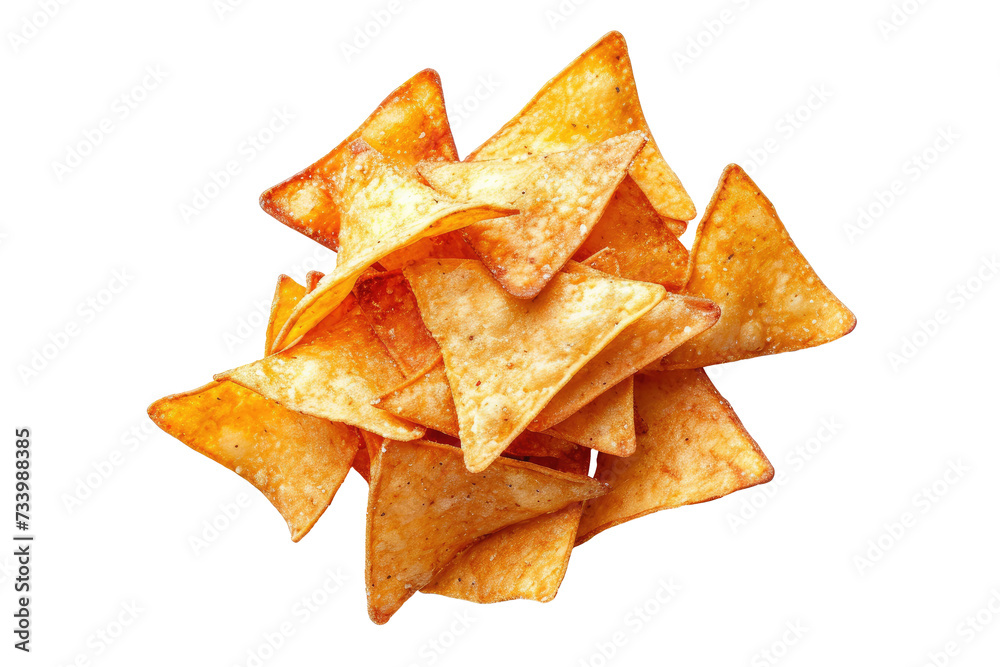 Potato chips fried falling in the air isolated on transparent background, snack time, junk food and high calories concept, crispy snack pieces.