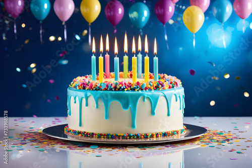 Birthday cake adorned with kaleidoscopic frosting  surrounded by a vibrant array of scattered confetti on a reflective glass table  candles flickering in dim ambient light. Generative AI