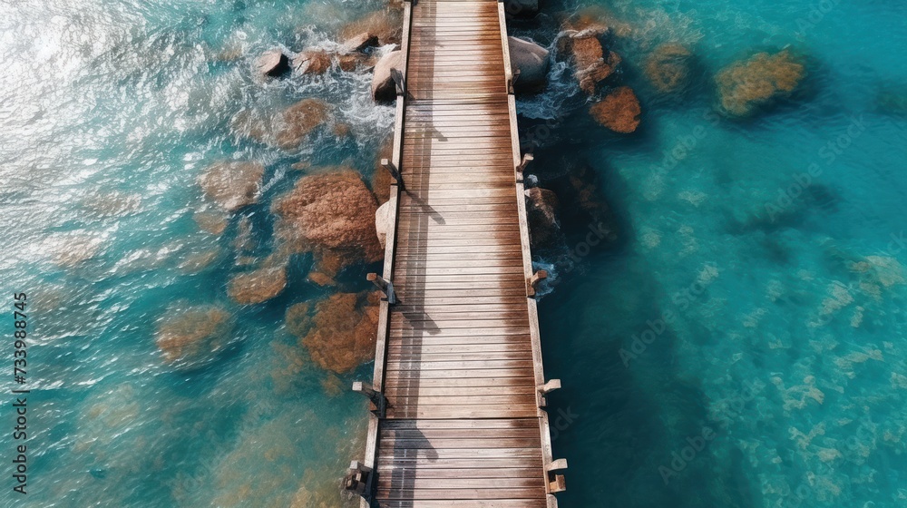Aerial view of a wooden deserted pier in the sea, the Atlantic Ocean