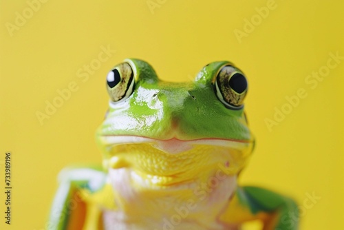 Green frog on the pastel background. 29 February leap year day concept