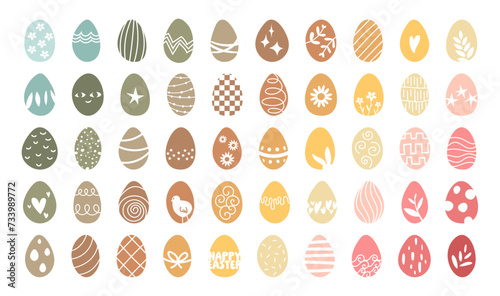 Easter egg icons set. Collection of 50 hand drawn colorful Easter eggs