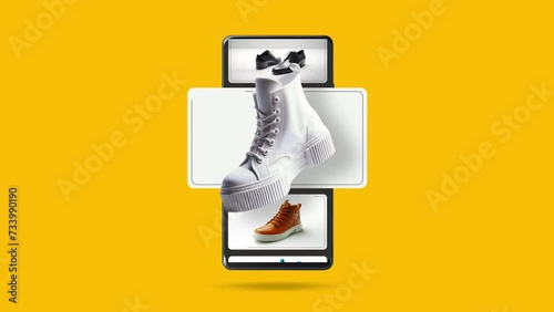 Men's and women's sneakers coming out of a mobile phone. E-commerce and sales animation with smartphone.