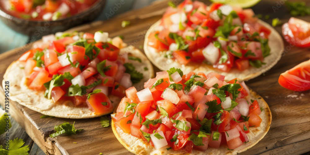 Fresh Tomato Salsa on Crispy Tostadas. Colorful tomato salsa topped with diced onion and cilantro on golden tostadas. Fresh Tomato Salsa on Crispy Tostadas. Colorful tomato salsa topped with diced onion and cilantro on golden tostadas.