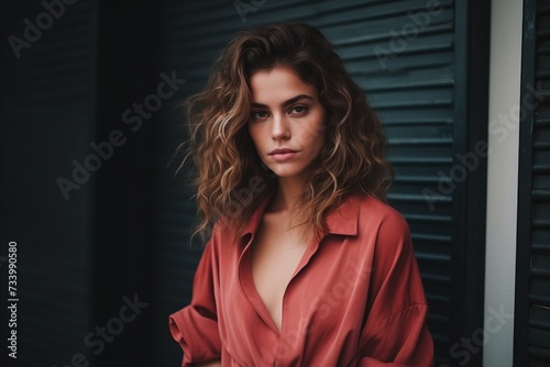 Portrait of beautiful young woman with curly hair in red shirt.
