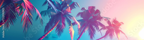 Bright neon landscape with sea and palm trees background. synthwave wallpaper style photo