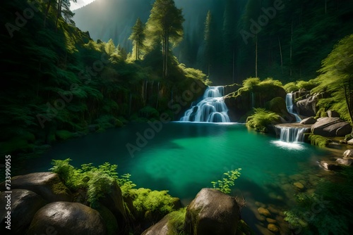 A tranquil scene capturing the elegance of waterfalls harmonizing with the rich, vibrant greens of the mountains. © WOW