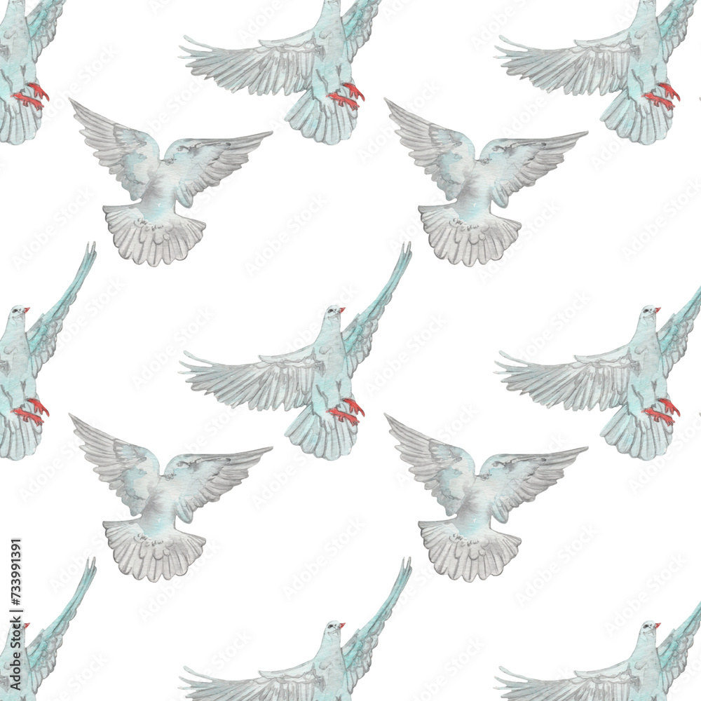 Fototapeta Watercolor birds flying pigeons paattern. Birds print. Hand painted illustration in natural colors on white backround.