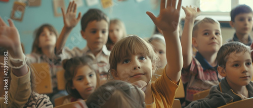 Curious schoolchildren eagerly raising hands in a vibrant classroom setting © Ai Studio