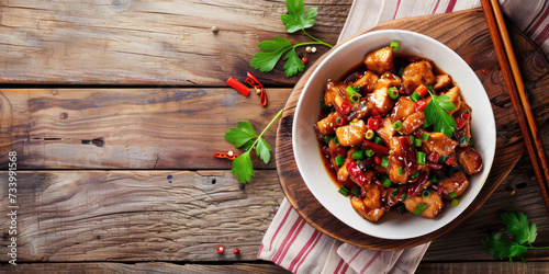 Spicy Kung Pao Chicken with Peppers and Sesame. Succulent Kung Pao Chicken garnished with green onions, red chili peppers, and sesame seeds, served in a bowl. photo
