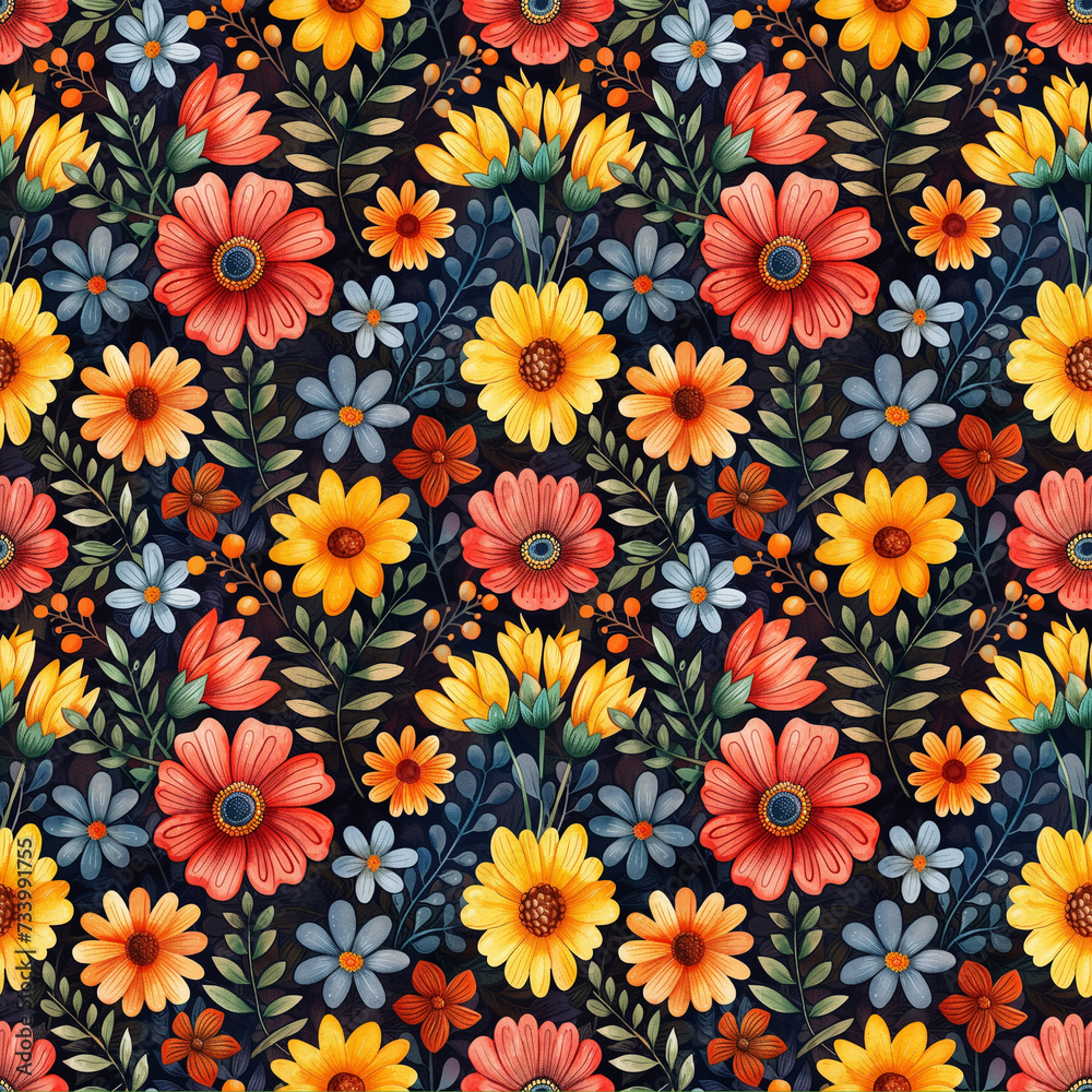 A tiled pattern of colorful aquarelle flowers