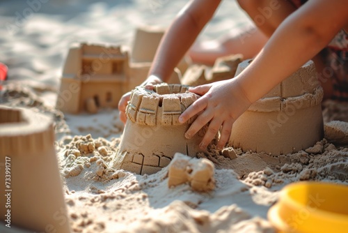 Close-up of a child playing with sand on the beach. Childhood concept. Vacation and Travel Concept with Copy Space.