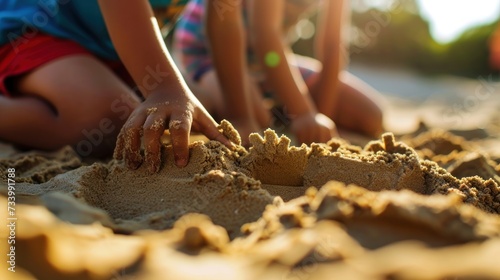 Close-up of kids playing in sand on sunny day. Selective focus. Childhood concept. Vacation and Travel Concept with Copy Space.