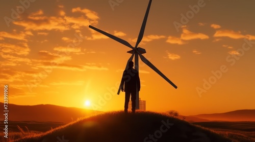 Happy engineer feel success after good work, engineer stands on top of a windmill and looks at a beautiful sunset landscape.