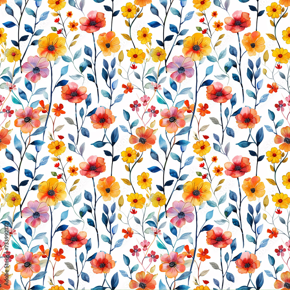 A tiled pattern of colorful aquarelle flowers