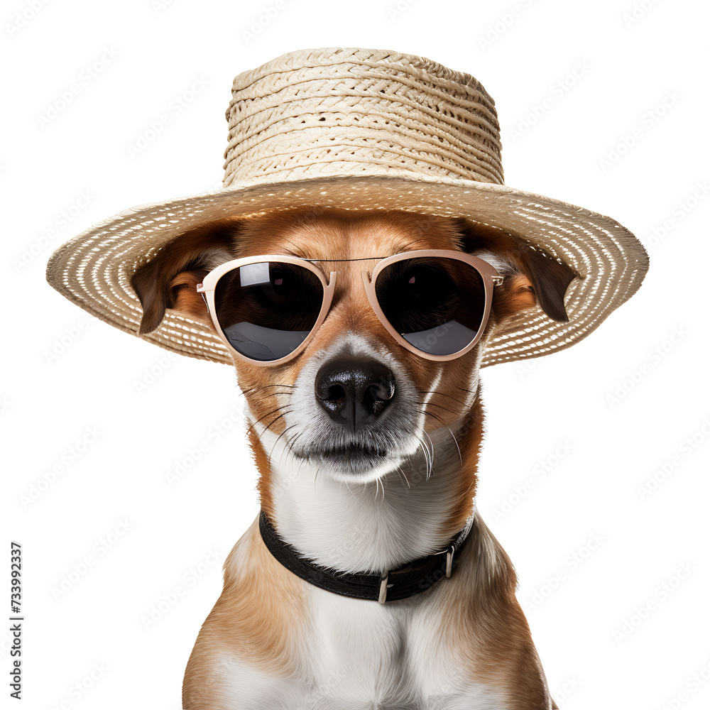 Cute dog in summer fashion wearing a straw hat and sunglasses on ...