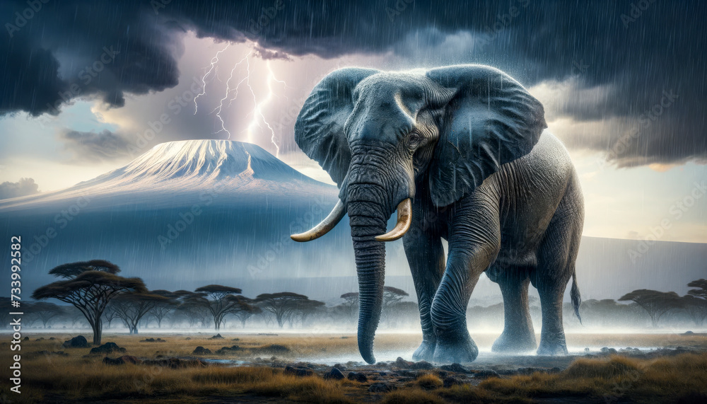 Kilimanjaro Downpour: Bull Elephant Weathering the Storm - obrazy, fototapety, plakaty 